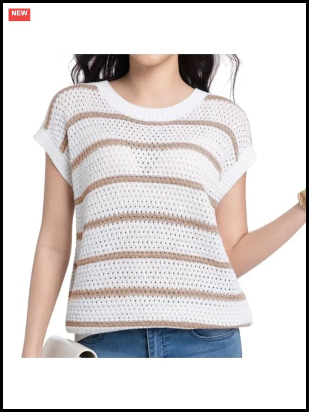 Women's Sweater Vest Striped Short Sleeve Crew Neck Knit Cotton Blend Layering